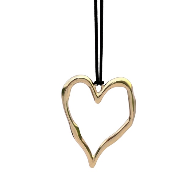 Large gold-tone Freeform heart necklace on a black faux leather cord. - Picture 3 of 7